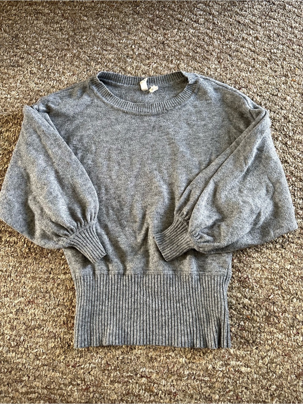 Anthropologie Gray Puff Sleeve Rib Hem Sweater